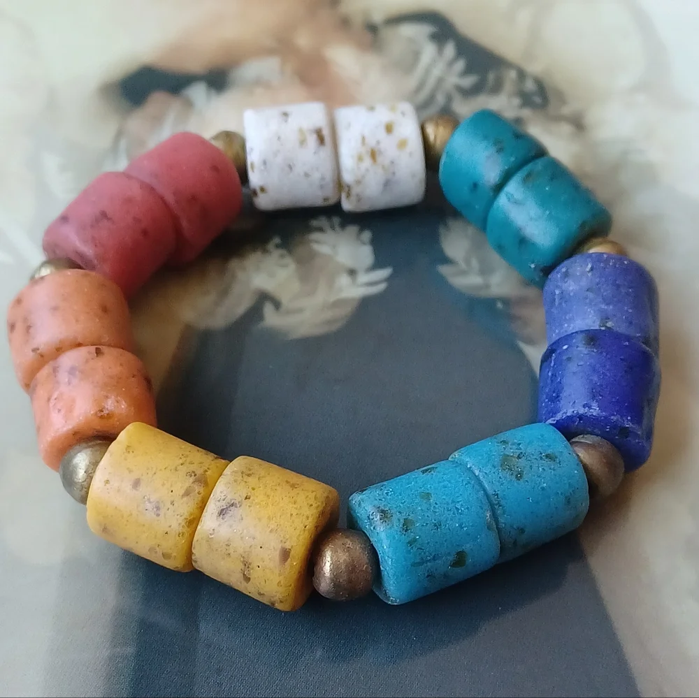 African Kobo Recycled Glass Beaded Bracelet 🩵🧡💙🤍💫 - Picture 6 of 7